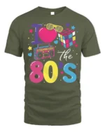 I Love the 80s T-shirt with Retro Icons Graphic - military green t-shirt on white background