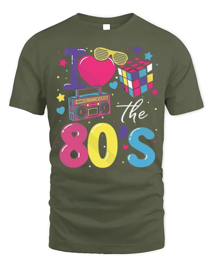 I Love the 80s T-shirt with Retro Icons Graphic - military green t-shirt on white background