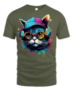 Cool Hip Hop Cat T-shirt with Headphones - military green t-shirt on white background