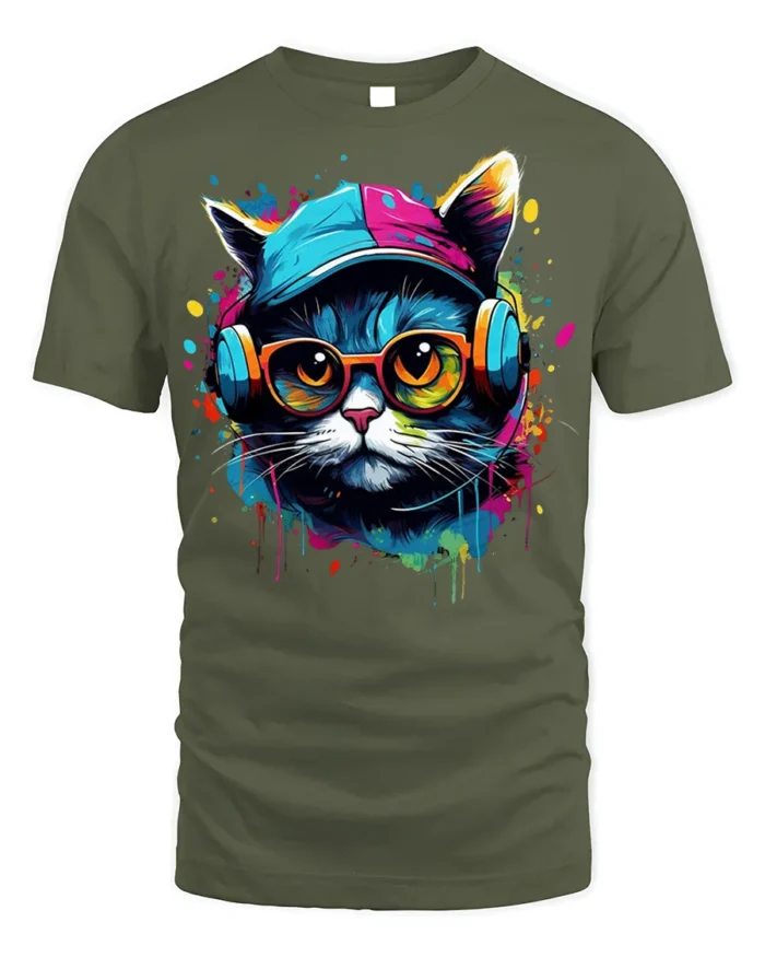 Cool Hip Hop Cat T-shirt with Headphones - military green t-shirt on white background