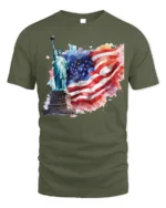 Statue of Liberty T-shirt with USA Flag Art - military green t-shirt on white background