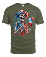 Patriotic Skeleton T-shirt with USA Drink Art - military green t-shirt on white background