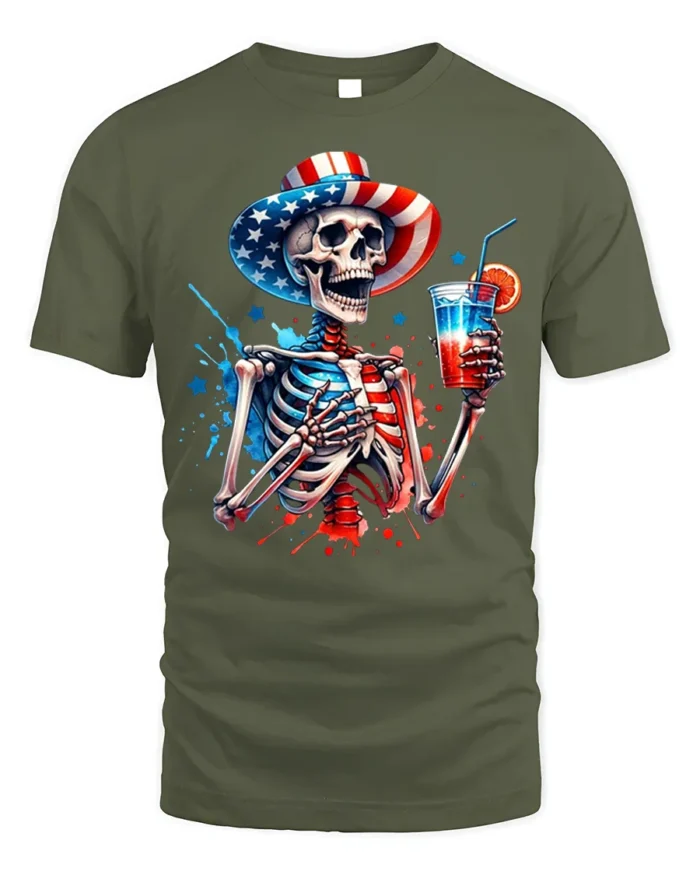 Patriotic Skeleton T-shirt with USA Drink Art - military green t-shirt on white background