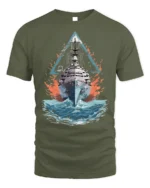 Navy Warship T-shirt with Ocean Battle Art - military green t-shirt on white background