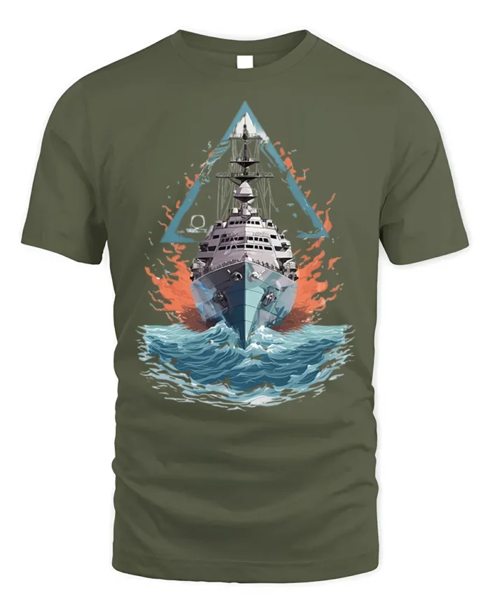Navy Warship T-shirt with Ocean Battle Art - military green t-shirt on white background