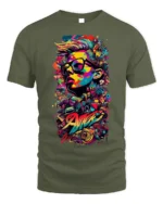 Colorful Street Art T-shirt with Urban Portrait - military green t-shirt on white background