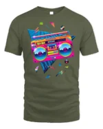 Retro Neon Boombox T-shirt with 80s Vibe Art - military green t-shirt on white background