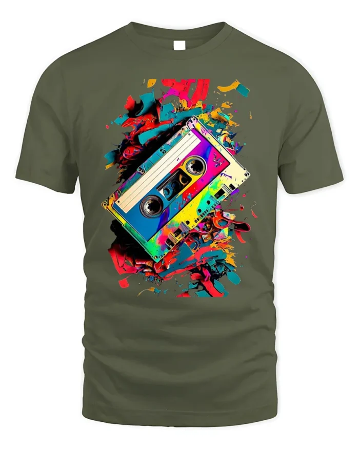 Retro Cassette Tape T-shirt with Color Splash Art - military green t-shirt on white background
