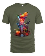 Vibrant Cocktail T-shirt with Tropical Drink Art - military green t-shirt on white background