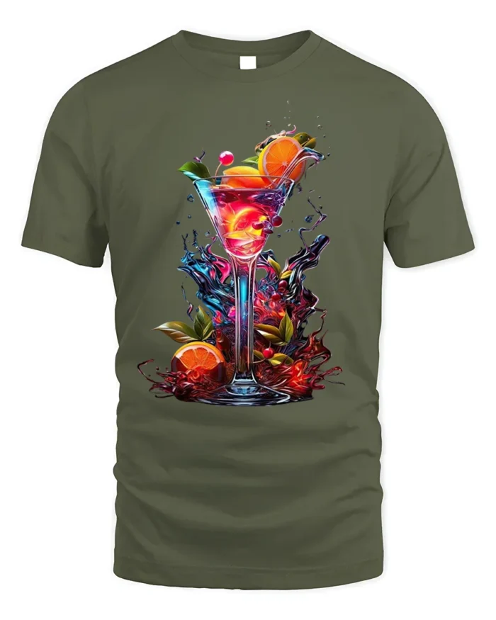 Vibrant Cocktail T-shirt with Tropical Drink Art - military green t-shirt on white background