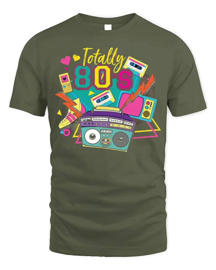 Totally 80s T-shirt with Retro Boombox Art - military green t-shirt on white background