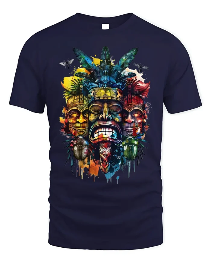 Tribal Mask T-shirt with Colorful Totem Art - navy t-shirt on white background