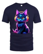 Neon Cat T-shirt with Headphones Graphic Art - navy t-shirt on white background