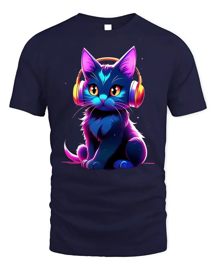 Neon Cat T-shirt with Headphones Graphic Art - navy t-shirt on white background