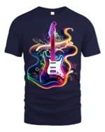 Neon Electric Guitar T-shirt with Vibe Swirl Art - navy t-shirt on white background