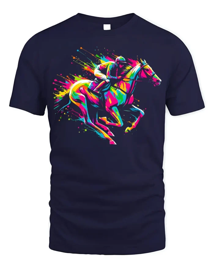 Colorful Horse Racing T-shirt with Neon Art - navy t-shirt on white background
