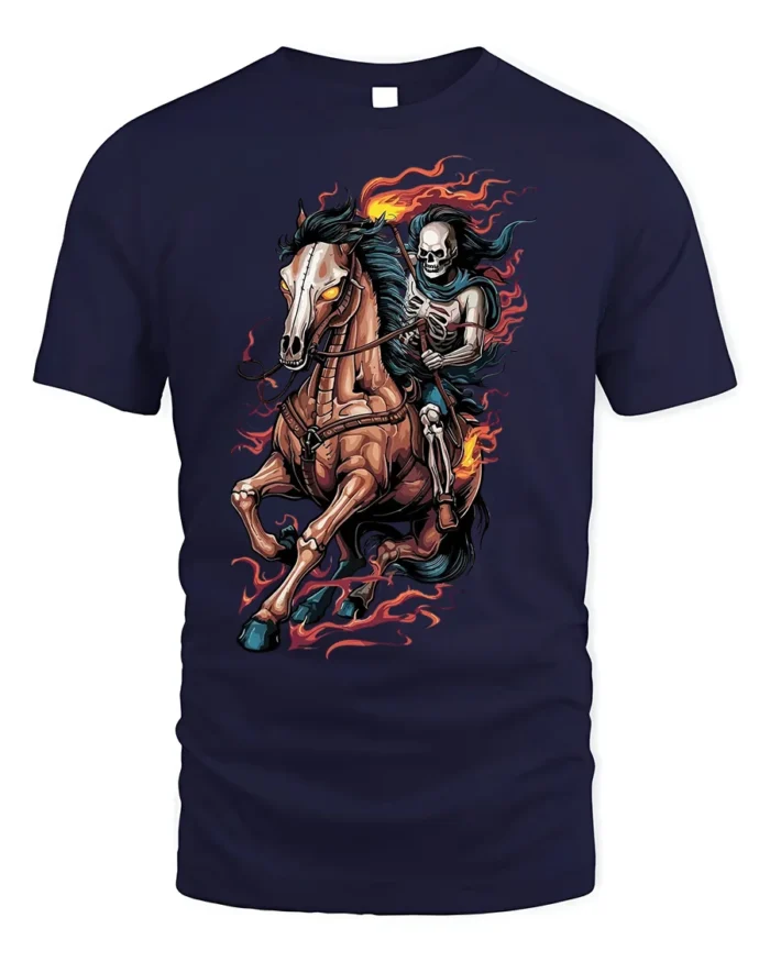 Flaming Skeleton Rider T-shirt with Dark Horse Art - navy t-shirt on white background