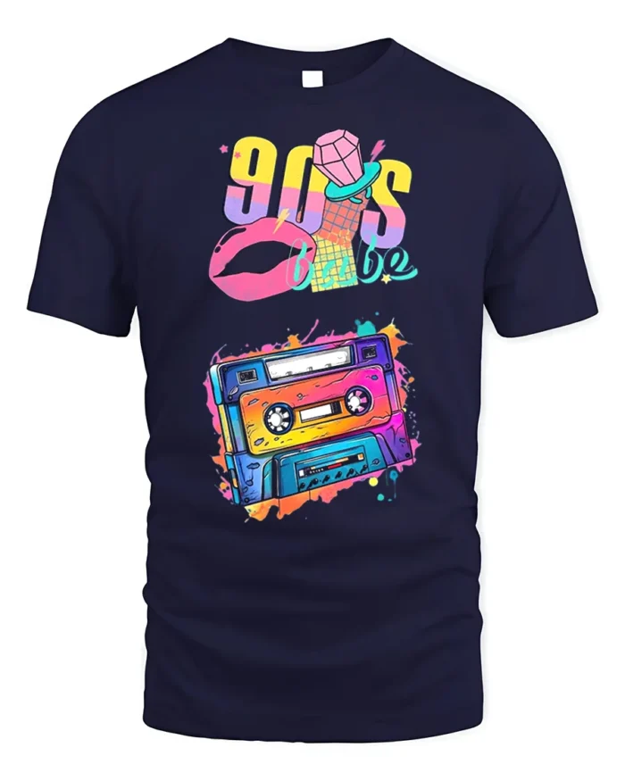 90s Cassette T-shirt with Retro Babe Vibe Art - navy t-shirt on white background
