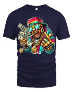 Cartoon Money Rapper T-shirt with Gold Bling Art - navy t-shirt on white background