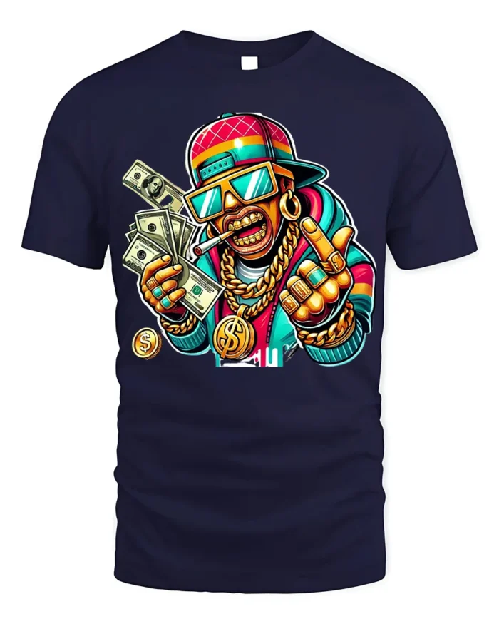 Cartoon Money Rapper T-shirt with Gold Bling Art - navy t-shirt on white background