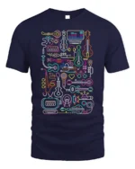 Neon Music Instrument T-shirt with Line Art Design - navy t-shirt on white background