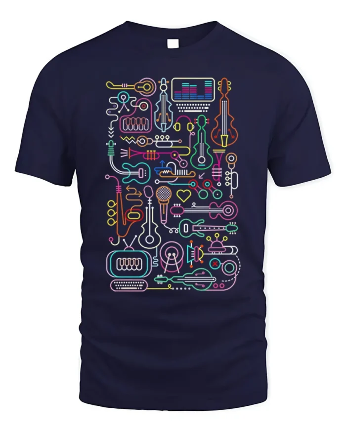 Neon Music Instrument T-shirt with Line Art Design - navy t-shirt on white background