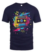 Colorful Cassette T-shirt with Music Note Splash - navy t-shirt on white background