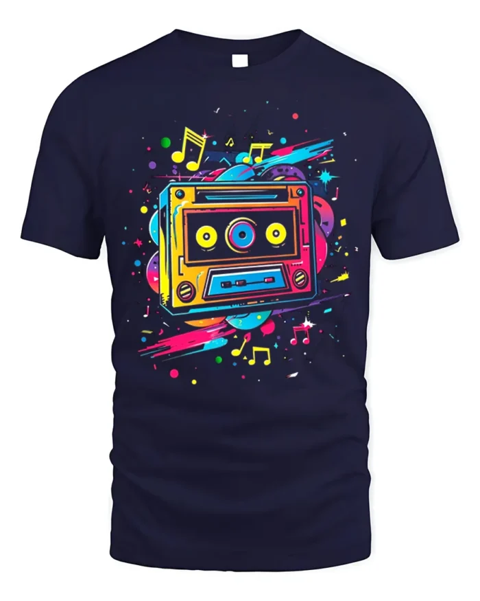 Colorful Cassette T-shirt with Music Note Splash - navy t-shirt on white background