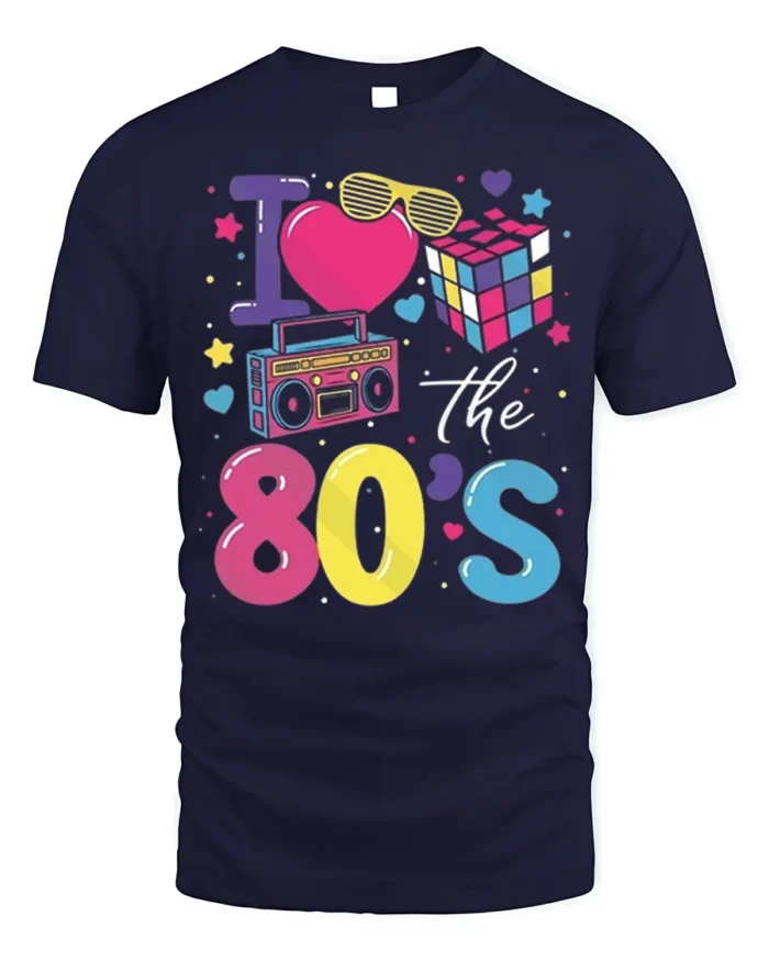 I Love the 80s T-shirt with Retro Icons Graphic - navy t-shirt on white background