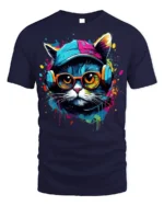 Cool Hip Hop Cat T-shirt with Headphones - navy t-shirt on white background