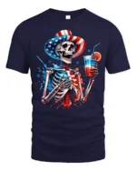 Patriotic Skeleton T-shirt with USA Drink Art - navy t-shirt on white background