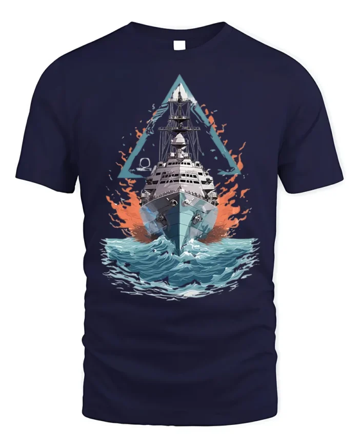 Navy Warship T-shirt with Ocean Battle Art - navy t-shirt on white background