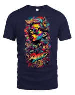 Colorful Street Art T-shirt with Urban Portrait - navy t-shirt on white background