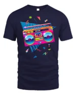 Retro Neon Boombox T-shirt with 80s Vibe Art - navy t-shirt on white background