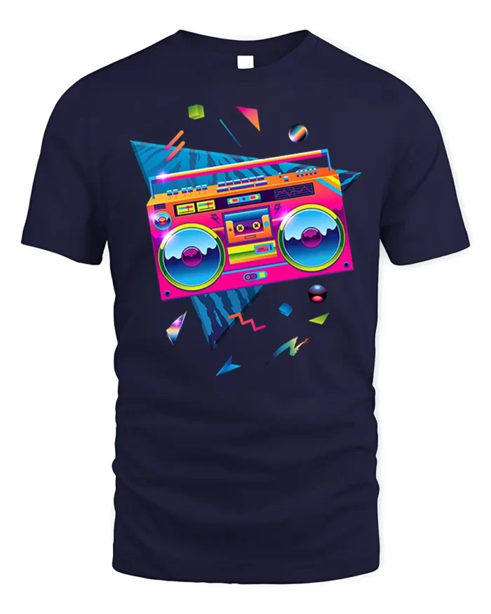 Retro Neon Boombox T-shirt with 80s Vibe Art - navy t-shirt on white background