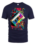 Retro Cassette Tape T-shirt with Color Splash Art - navy t-shirt on white background