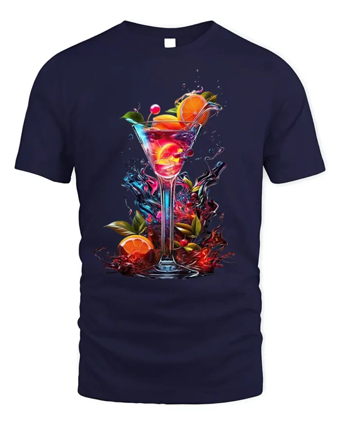 Vibrant Cocktail T-shirt with Tropical Drink Art - navy t-shirt on white background