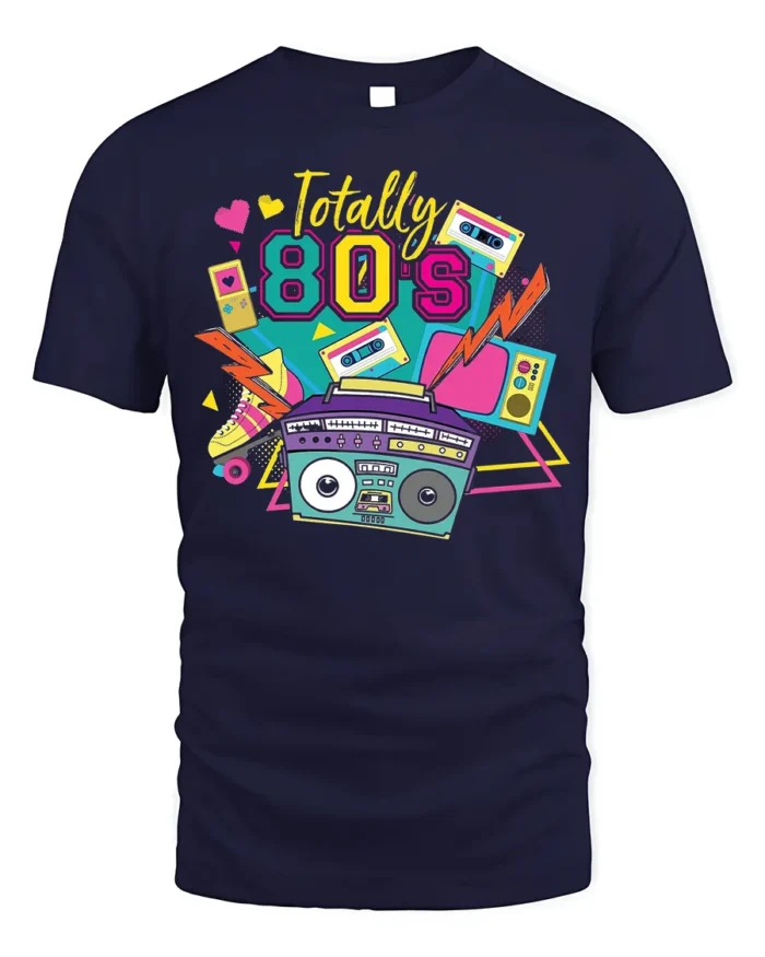 Totally 80s T-shirt with Retro Boombox Art - navy t-shirt on white background