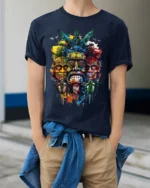 Tribal Mask T-shirt with Colorful Totem Art - model wearing navy shirt, hands in pockets