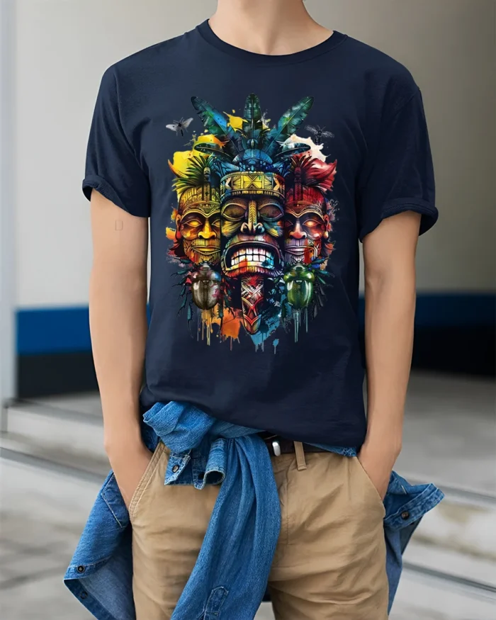 Tribal Mask T-shirt with Colorful Totem Art - model wearing navy shirt, hands in pockets