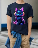 Neon Cat T-shirt with Headphones Graphic Art - model wearing navy shirt, hands in pockets