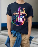 Neon Electric Guitar T-shirt with Vibe Swirl Art - model wearing navy shirt, hands in pockets