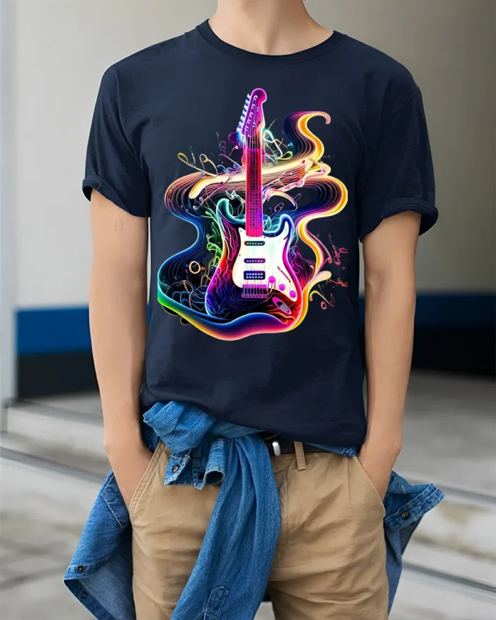Neon Electric Guitar T-shirt with Vibe Swirl Art - model wearing navy shirt, hands in pockets