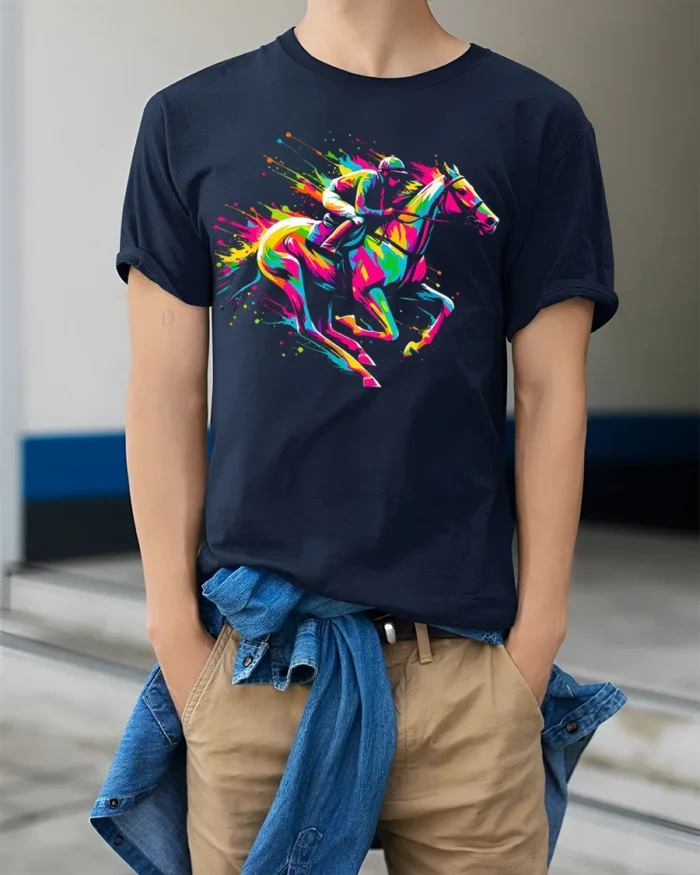 Colorful Horse Racing T-shirt with Neon Art - model wearing navy shirt, hands in pockets
