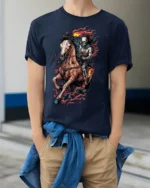 Flaming Skeleton Rider T-shirt with Dark Horse Art - model wearing navy shirt, hands in pockets