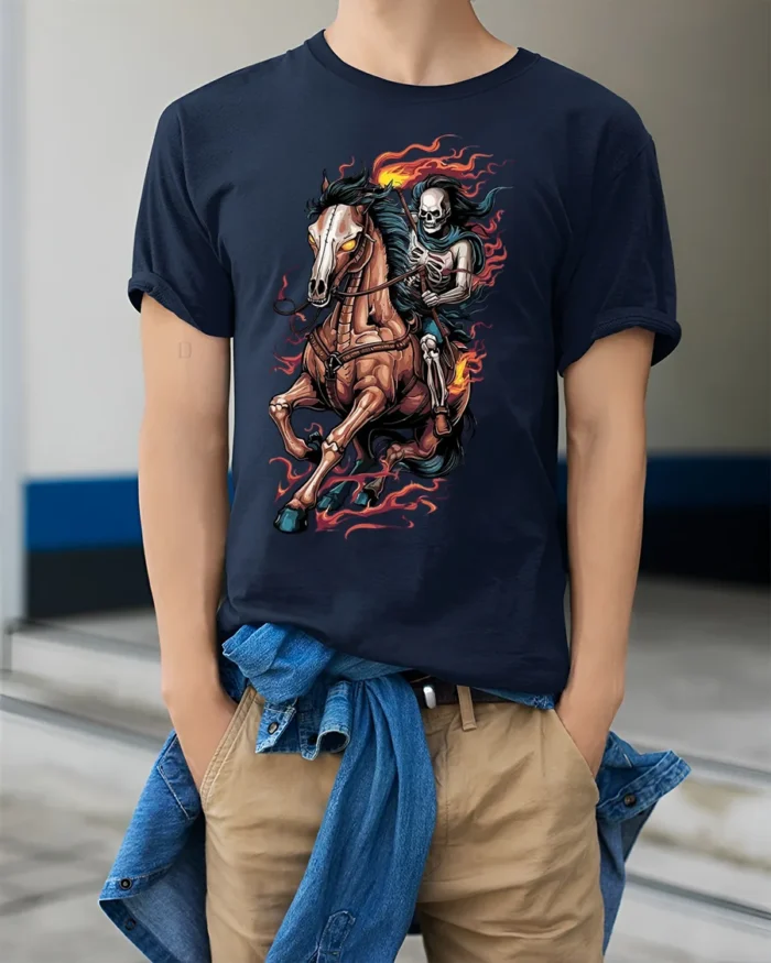 Flaming Skeleton Rider T-shirt with Dark Horse Art - model wearing navy shirt, hands in pockets