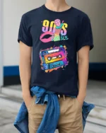 90s Cassette T-shirt with Retro Babe Vibe Art - model wearing navy shirt, hands in pockets