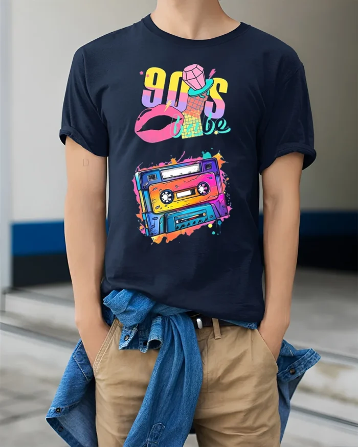 90s Cassette T-shirt with Retro Babe Vibe Art - model wearing navy shirt, hands in pockets