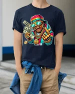 Cartoon Money Rapper T-shirt with Gold Bling Art - model wearing navy shirt, hands in pockets