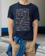 Neon Music Instrument T-shirt with Line Art Design - model wearing navy shirt, hands in pockets